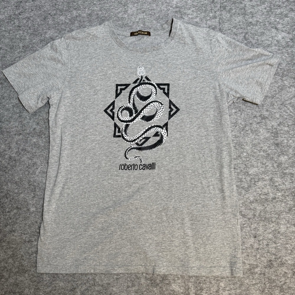 Roberto Cavalli Graphic Snake T Shirt Mens XL Gray Cotton Designer Tee